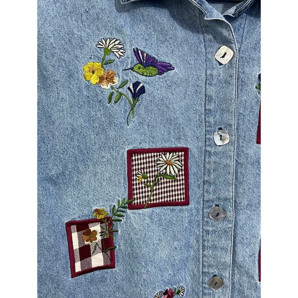 Vintage Teddi Denim Blouse Small Embroidered Hummingbirds Flowers Prairie Flaw - Picture 3 of 8